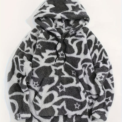 Sweat à Capuche Molletonné Motif Ethnique Beige et Marron avec Poche Kangourou