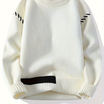 Pull col rond côtelé rouge avec détails contrastants