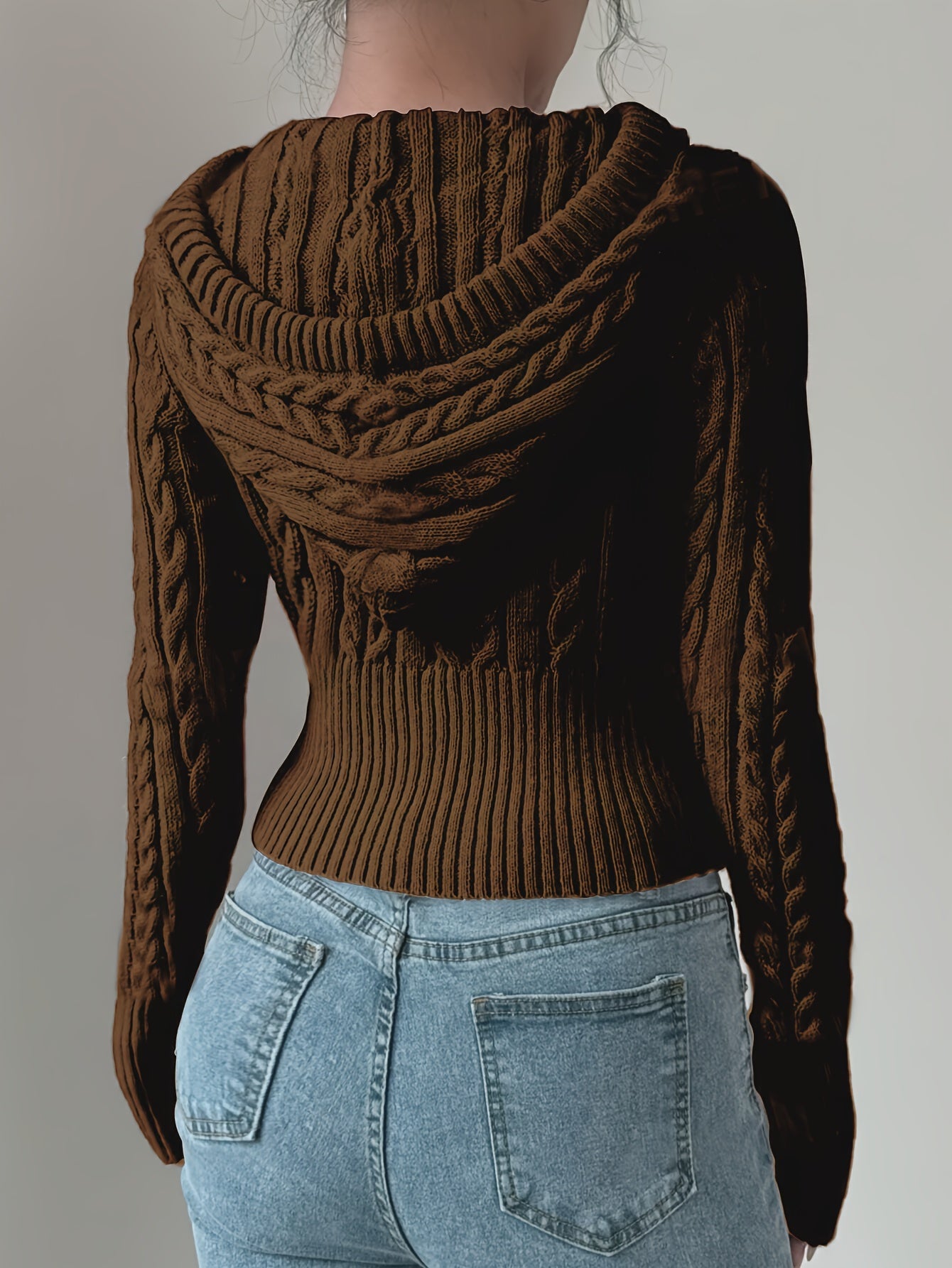Sweat à capuche Femme tricoté torsadé court avec zip et cordon de serrage