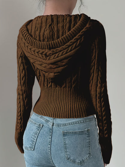 Sweat à capuche Femme tricoté torsadé court avec zip et cordon de serrage