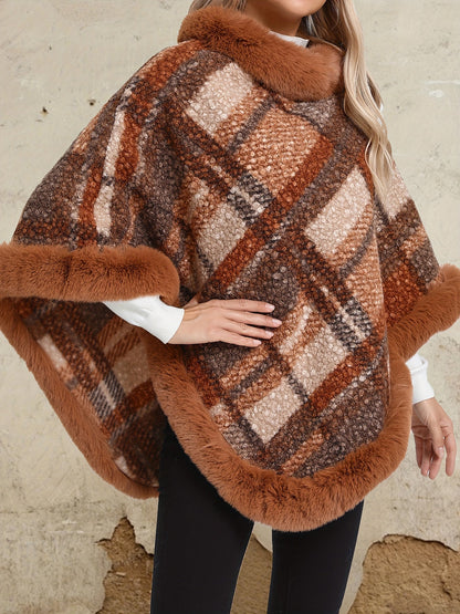 Poncho Femme Chaud Motifs Géométriques et Bordures Imitation Fourrure