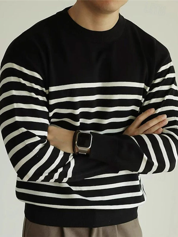 Men's Black and White Striped Long-Sleeve Crew-Neck Sweater