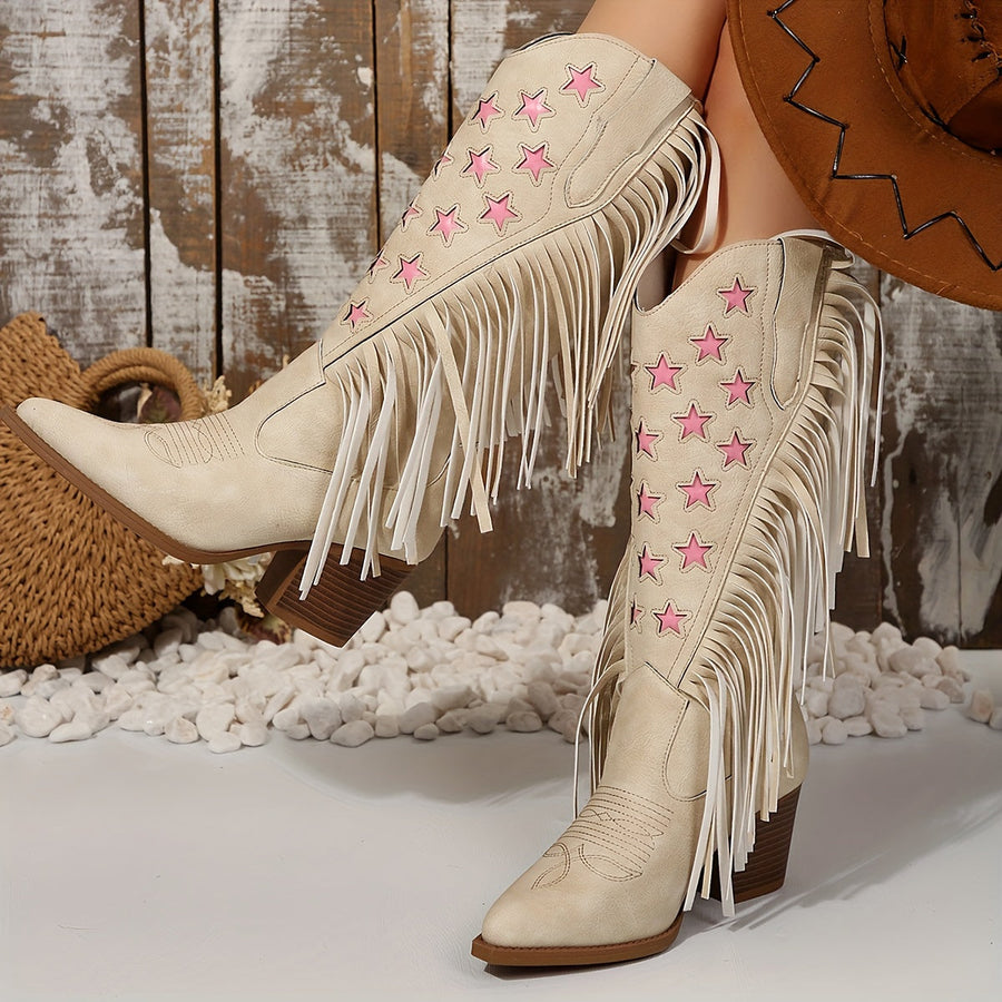 Rosa och beige westernboots för dam med fransar och stjärnor