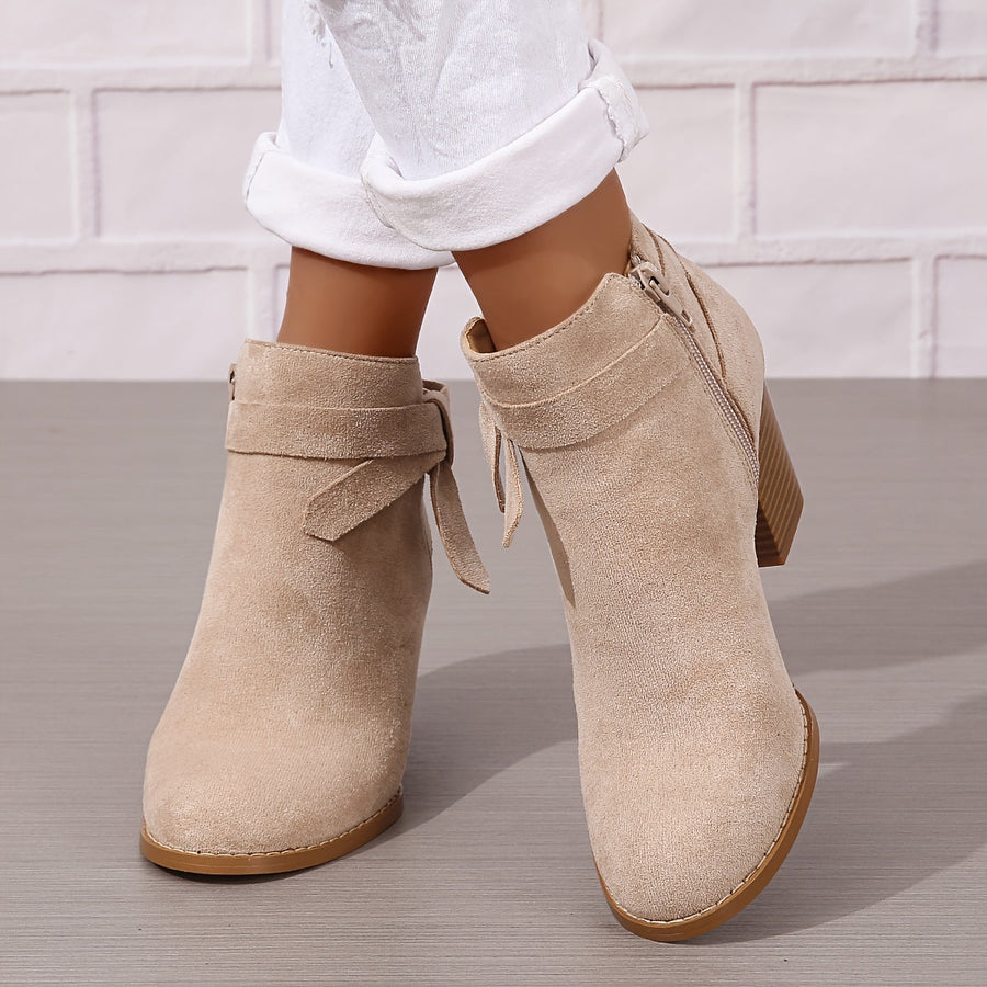 Støvletter til kvinder med blokhæl, ruskindslook, dekorativ sløjfe og lynlås
