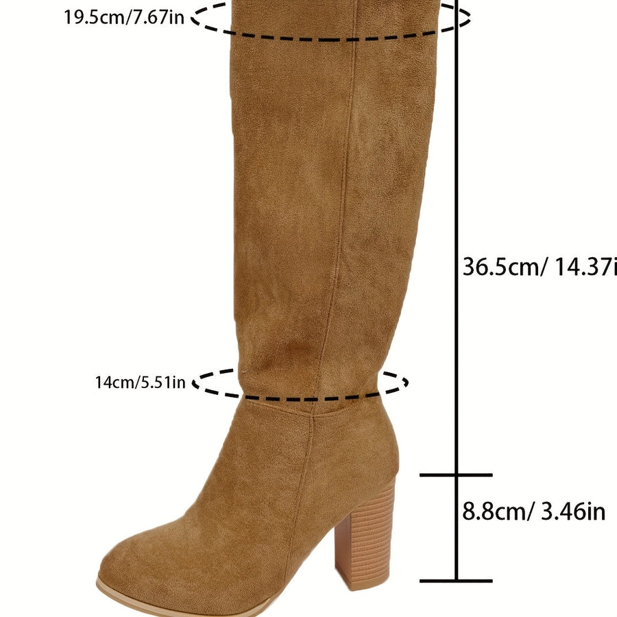 Bottes Hautes Femme à Talon Carré et Bout Pointu Daim Effet