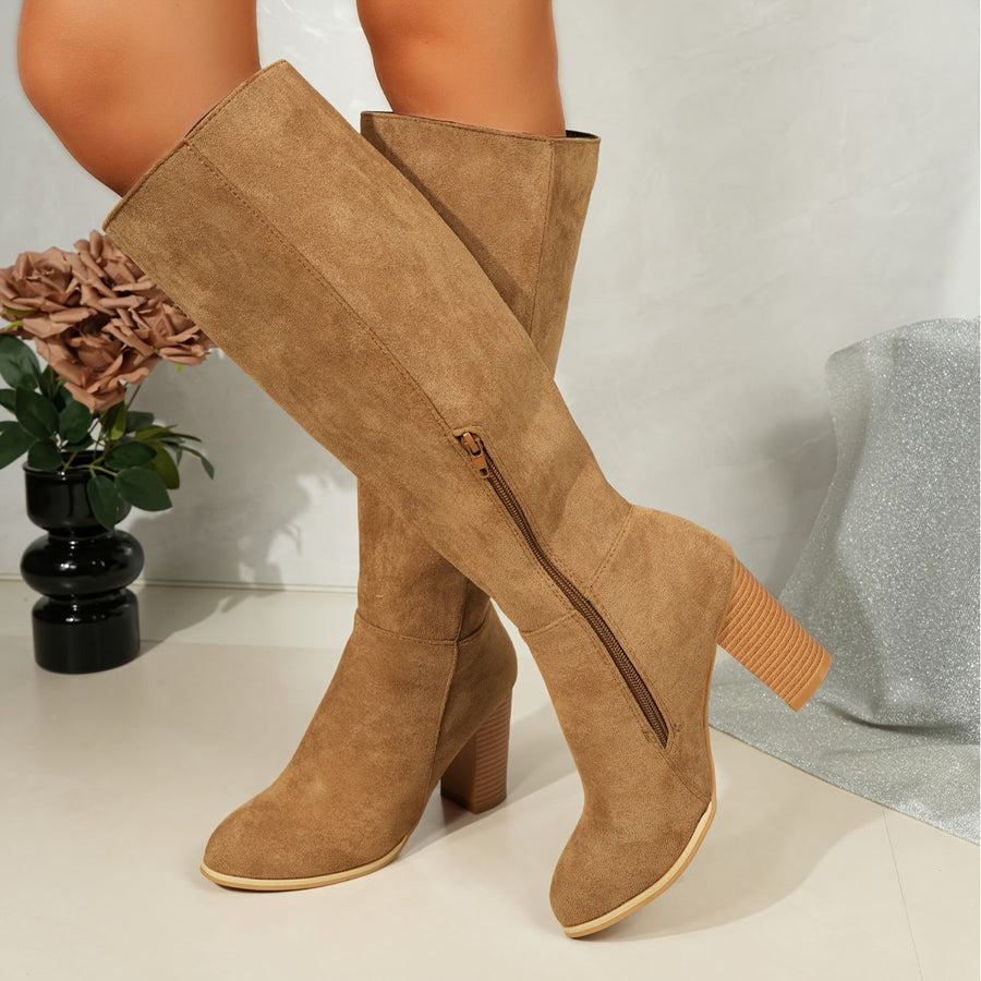 Bottes Hautes Femme à Talon Carré et Bout Pointu Daim Effet