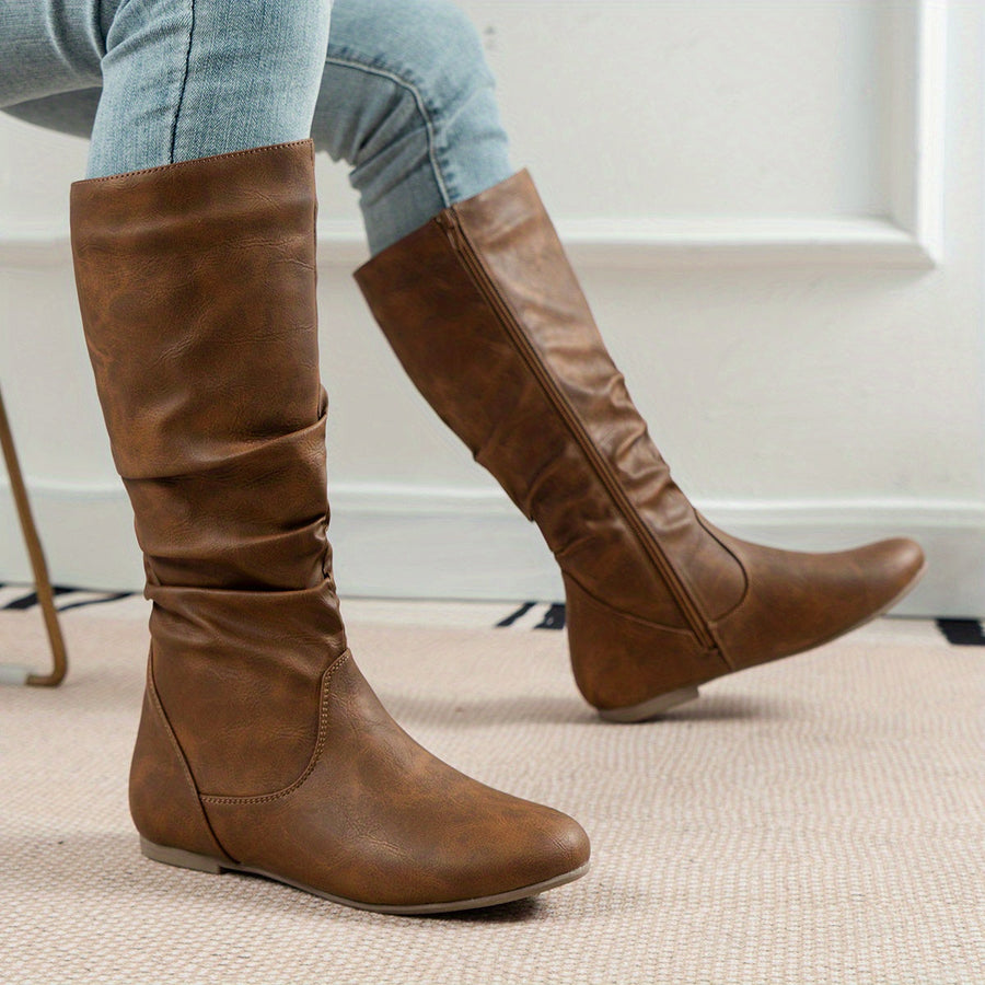 Botas flexibles plisadas para mujer con cremallera lateral