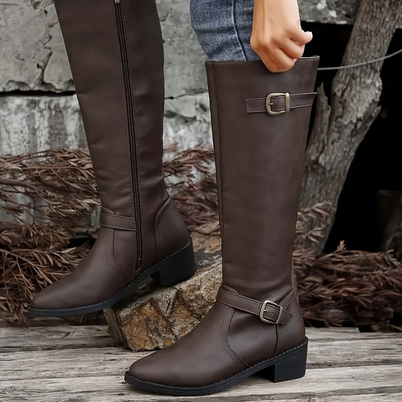 Bottes hautes cavalières Femme avec boucle décorative et fermeture éclair latérale