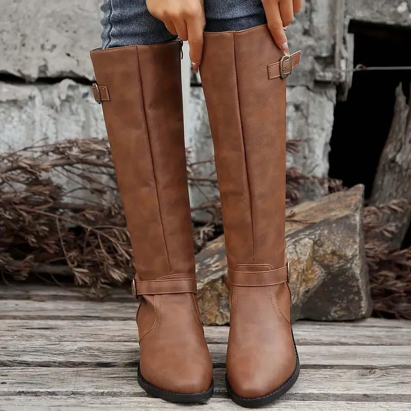 Bottes hautes cavalières Femme avec boucle décorative et fermeture éclair latérale