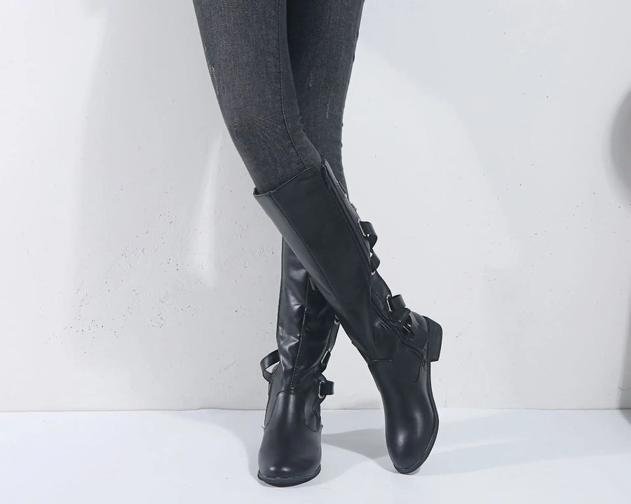 Bottes Femme Montantes Décoratives à Boucles et Fermeture Éclair Latérale
