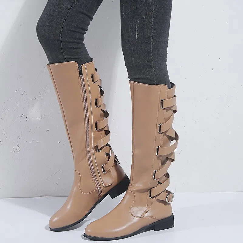 Bottes Femme Montantes Décoratives à Boucles et Fermeture Éclair Latérale
