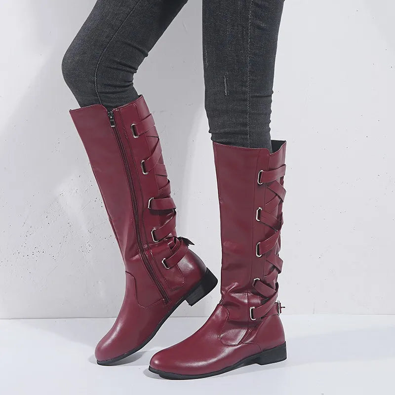 Bottes Femme Montantes Décoratives à Boucles et Fermeture Éclair Latérale