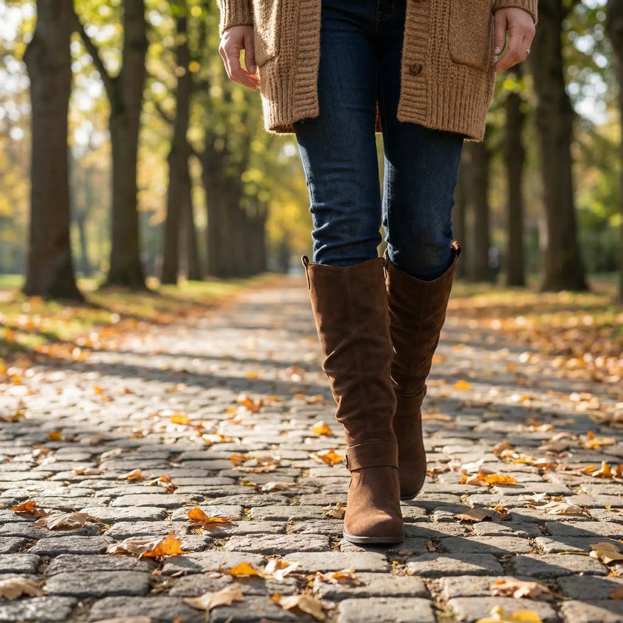 Hohe Damenstiefel im Reiterstil aus weich gerafftem Material mit seitlichem Reißverschluss
