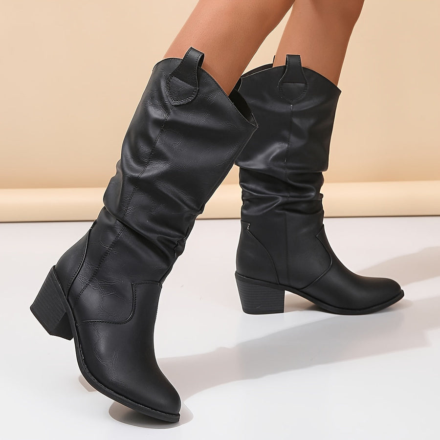 Light brown slouchy distressed-effect boots with block heel