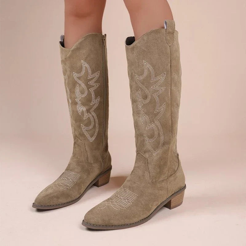Botas altas de estilo western para mujer, cierre lateral y bordados