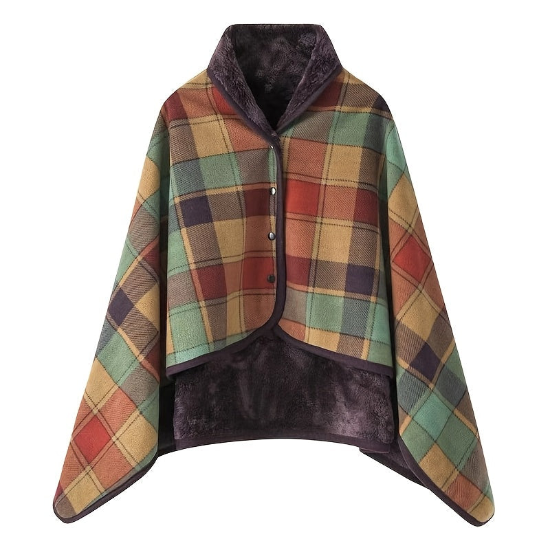 Women's Plaid Snap Button Fleece Lined Poncho Cape