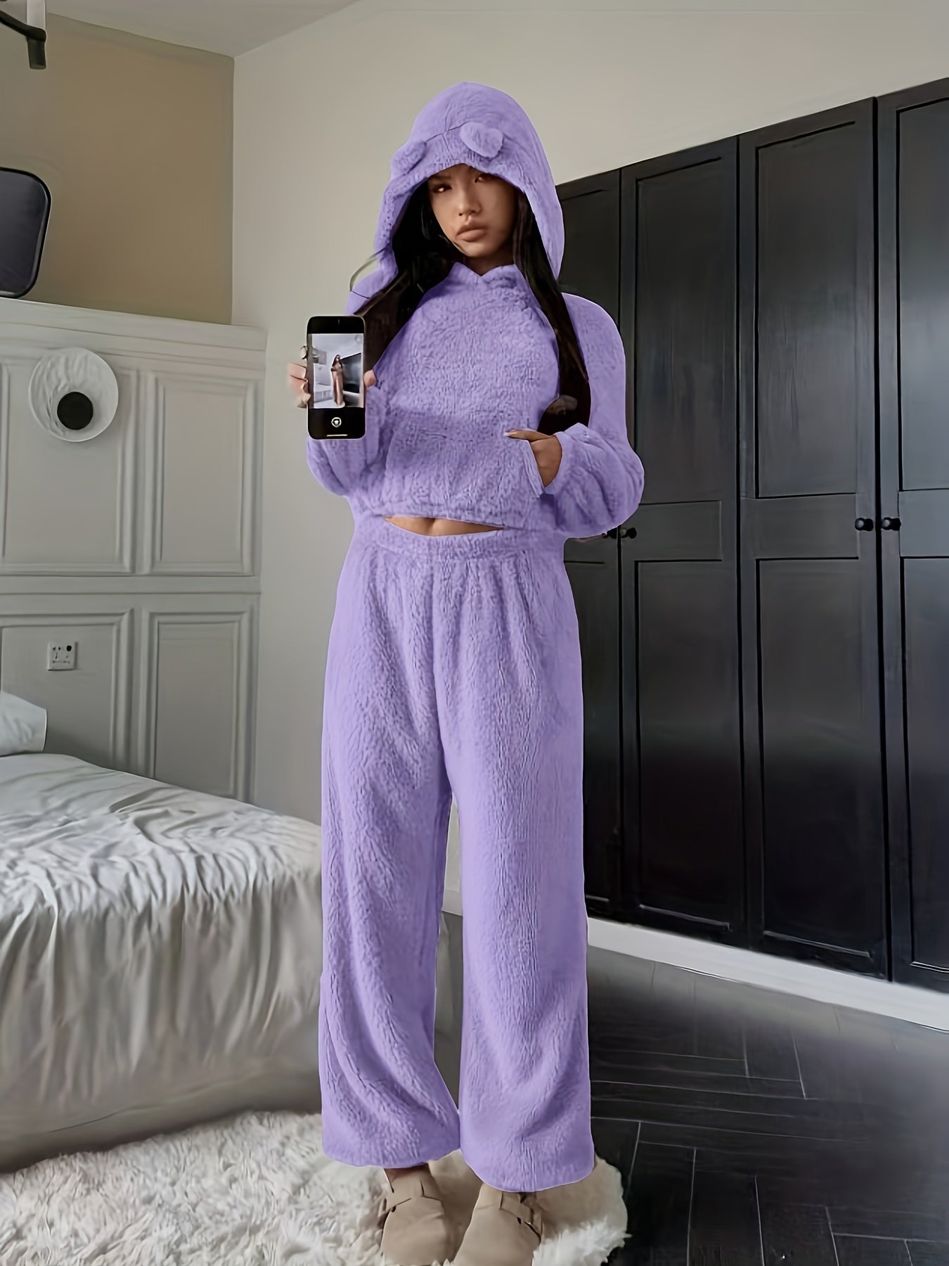 Ensemble d'intérieur Femme Doux à Capuche et Pantalon Large avec Oreilles