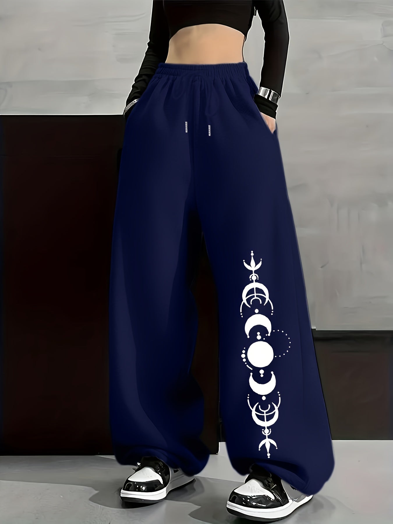 Pantalon large décontracté Femme avec imprimé phases de lune, taille élastiquée et poches