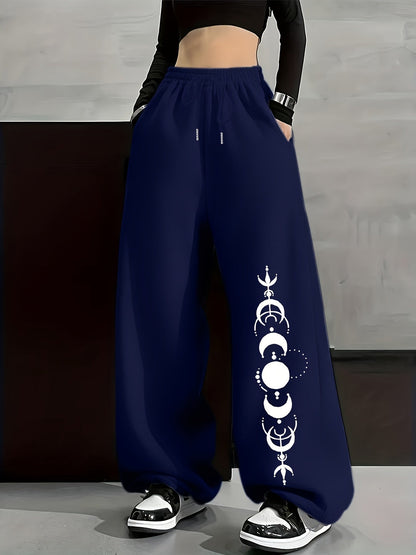 Pantalon large décontracté Femme avec imprimé phases de lune, taille élastiquée et poches