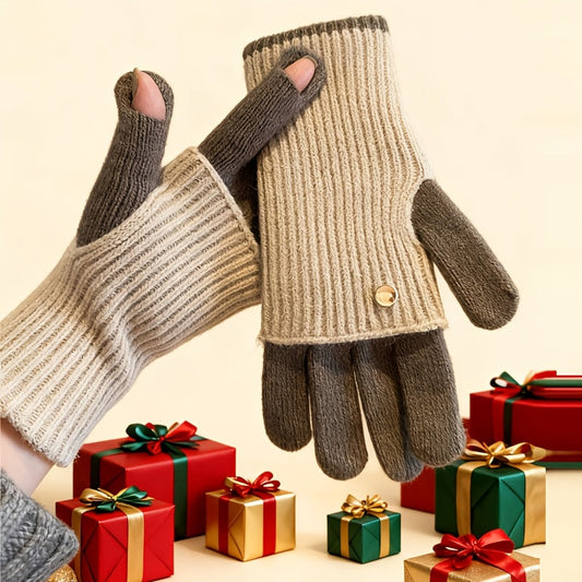 Gants tricotés bicolores convertibles avec mitaines rabattables pour femme