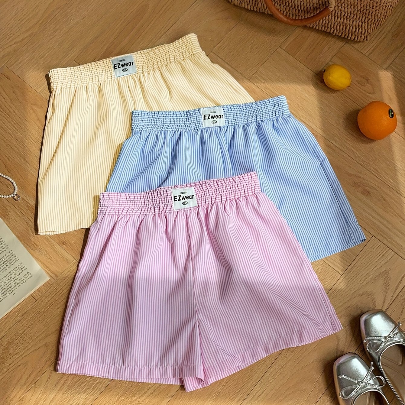 Shorts décontractés à rayures pour femme, lot de 3, style confortable pour la maison ou l'été