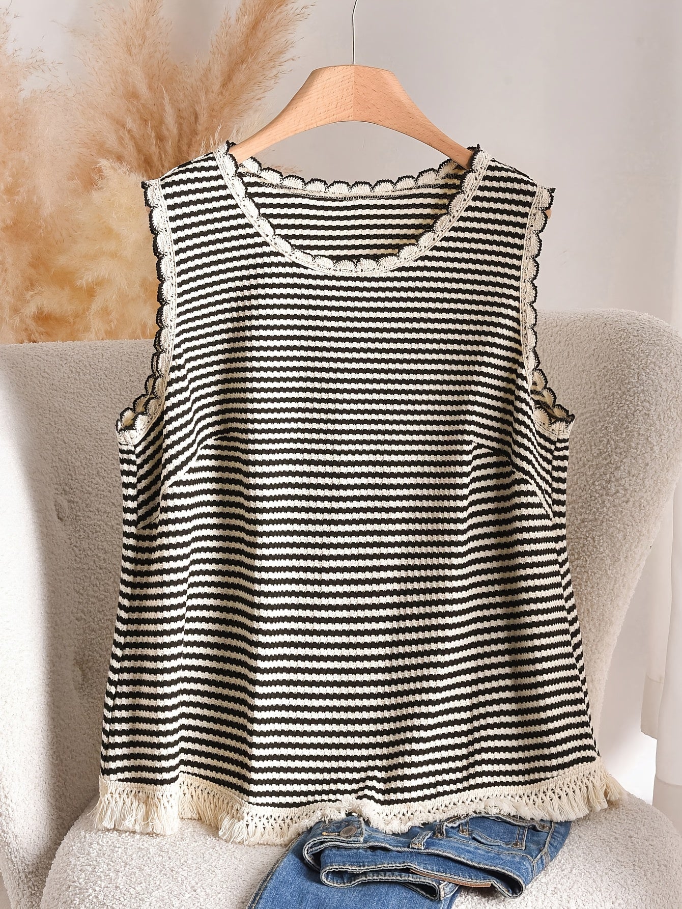 Dames tanktop grote maat elegante stijl met strepen en franjes, voor lente en zomer