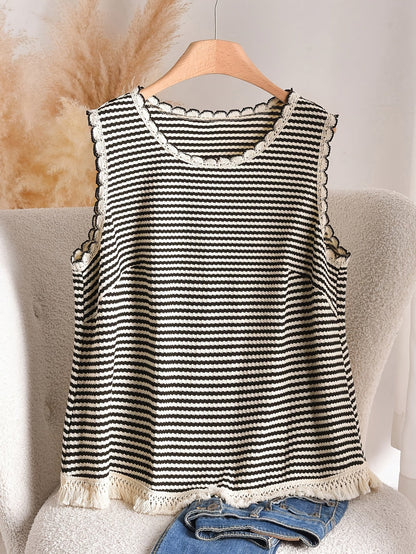 Dames tanktop grote maat elegante stijl met strepen en franjes, voor lente en zomer