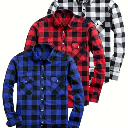 Chemise à Carreaux Homme Manches Longues à Col Classique et Poches Poitrine Couleurs Variées