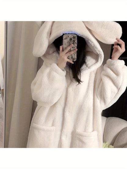 Robe de chambre longue Femme à capuche Oreilles de lapin Blanc cassé Doux Polaire