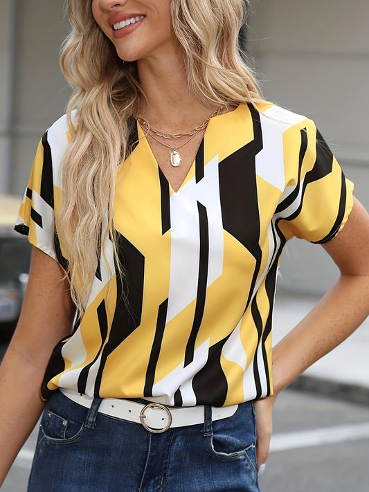 Vintageinspirerad blus för kvinnor med geometriskt mönster, perfekt för vardag eller kontor