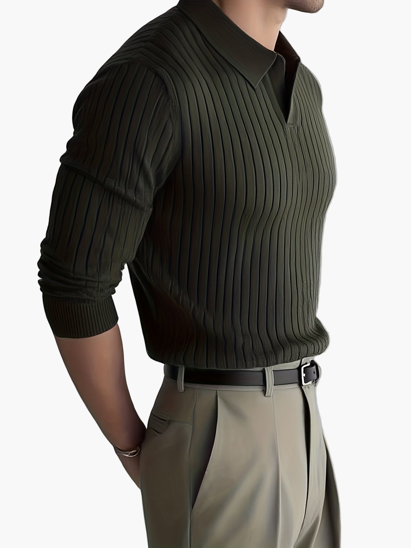 Polo hombre elegante de manga larga estilo casual con cuello abierto – Ideal otoño/invierno