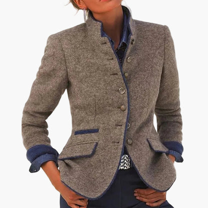 Chaqueta elegante con cuello alto estilo sastre para mujer – Ideal para el trabajo o salidas