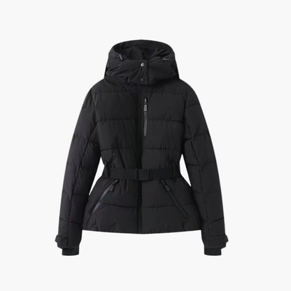 Chaqueta acolchada elegante para mujer con capucha y cinturón – Estilo moderno para el invierno
