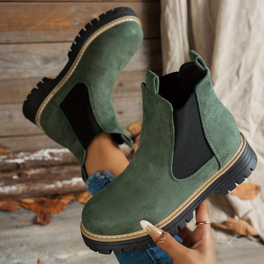 Women's Chelsea boots in soft material, lug sole, solid color