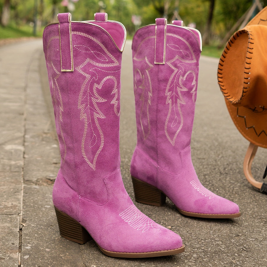 Rosa Damen-Westernstiefel im Cowboy-Stil mit weißen Stickereien und Blockabsatz