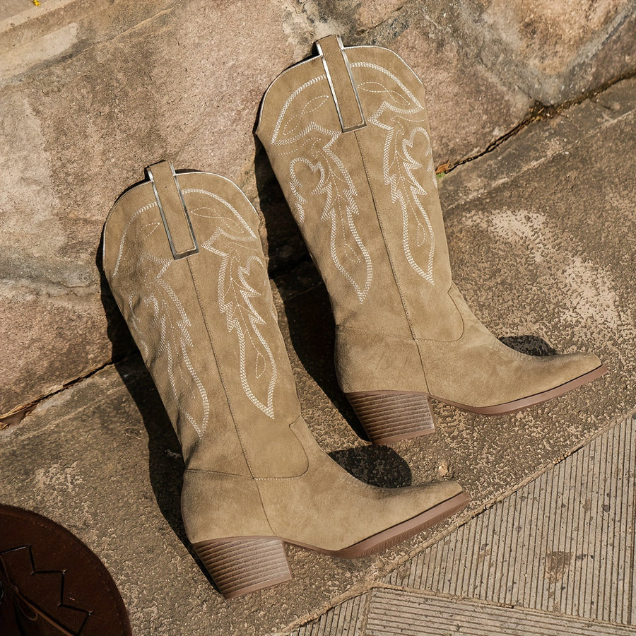 Rosa Damen-Westernstiefel im Cowboy-Stil mit weißen Stickereien und Blockabsatz