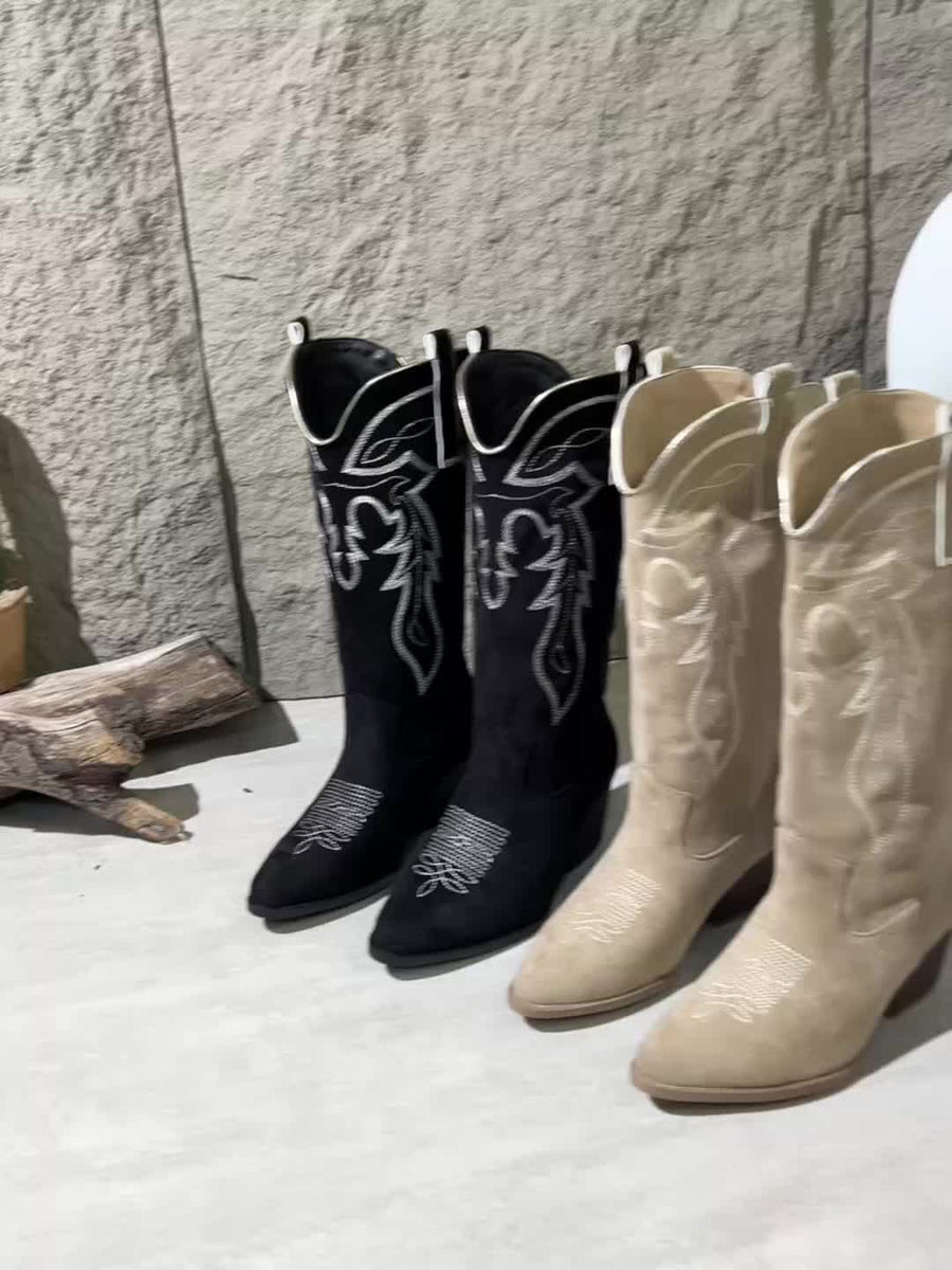 Rosa Damen-Westernstiefel im Cowboy-Stil mit weißen Stickereien und Blockabsatz
