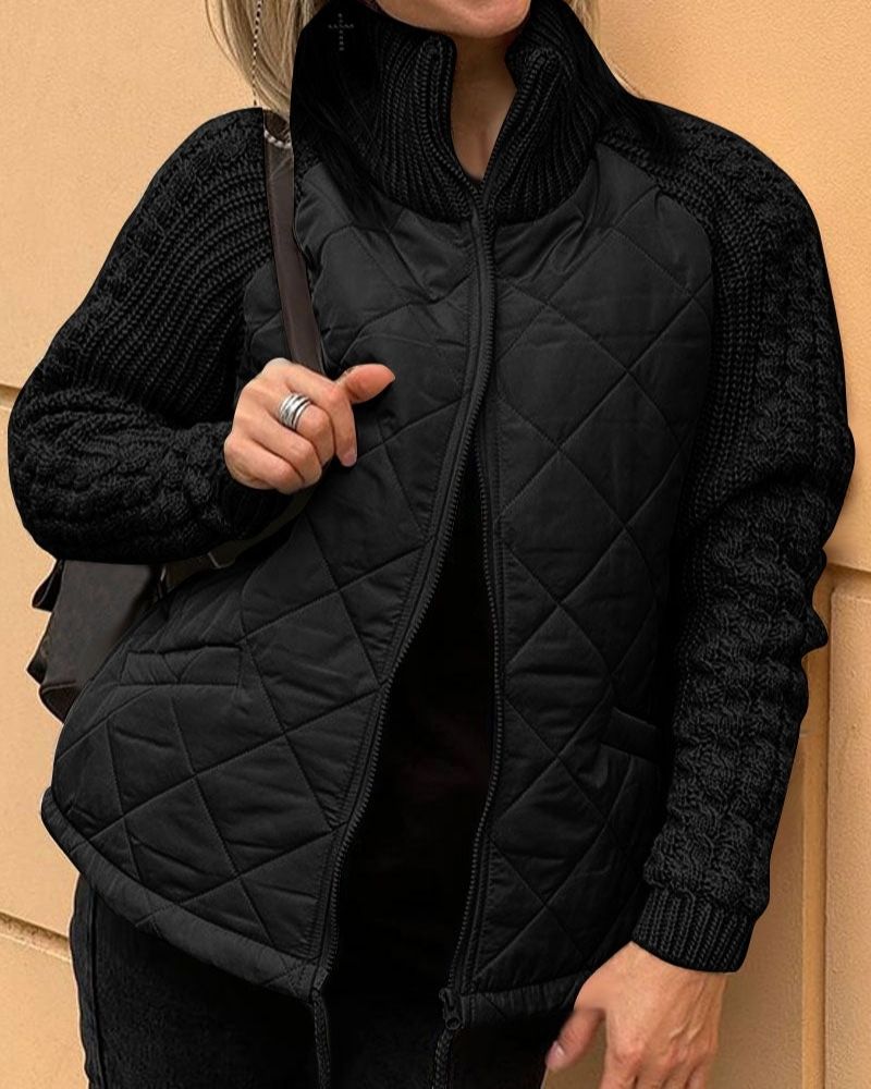 Women's quilted jacket with knitted sleeves and stand-up collar