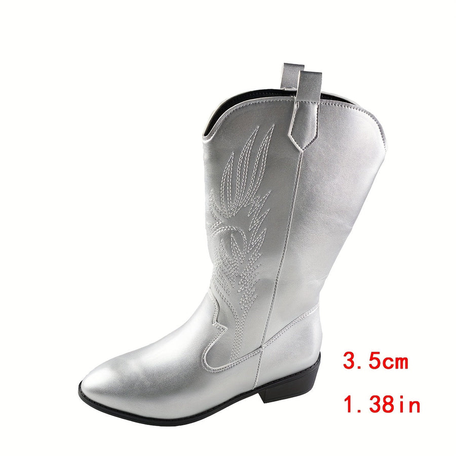 Bottes de Cowboy Femme Argentées Style Western Brodé