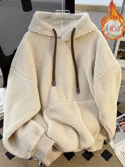 Sweat à Capuche Doux Effet Peluche Vert Militaire avec Cordon Contrastant