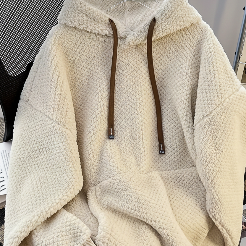 Sweat à Capuche Doux Effet Peluche Vert Militaire avec Cordon Contrastant