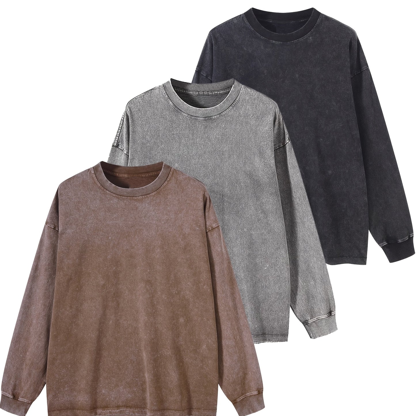 Sweat-shirt unisex lavé col rond décontracté à manches longues effet délavé