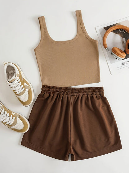 Ensemble Décontracté Femme Style Aventure Montagne – Top Court et Short, Look Sportif et Estival