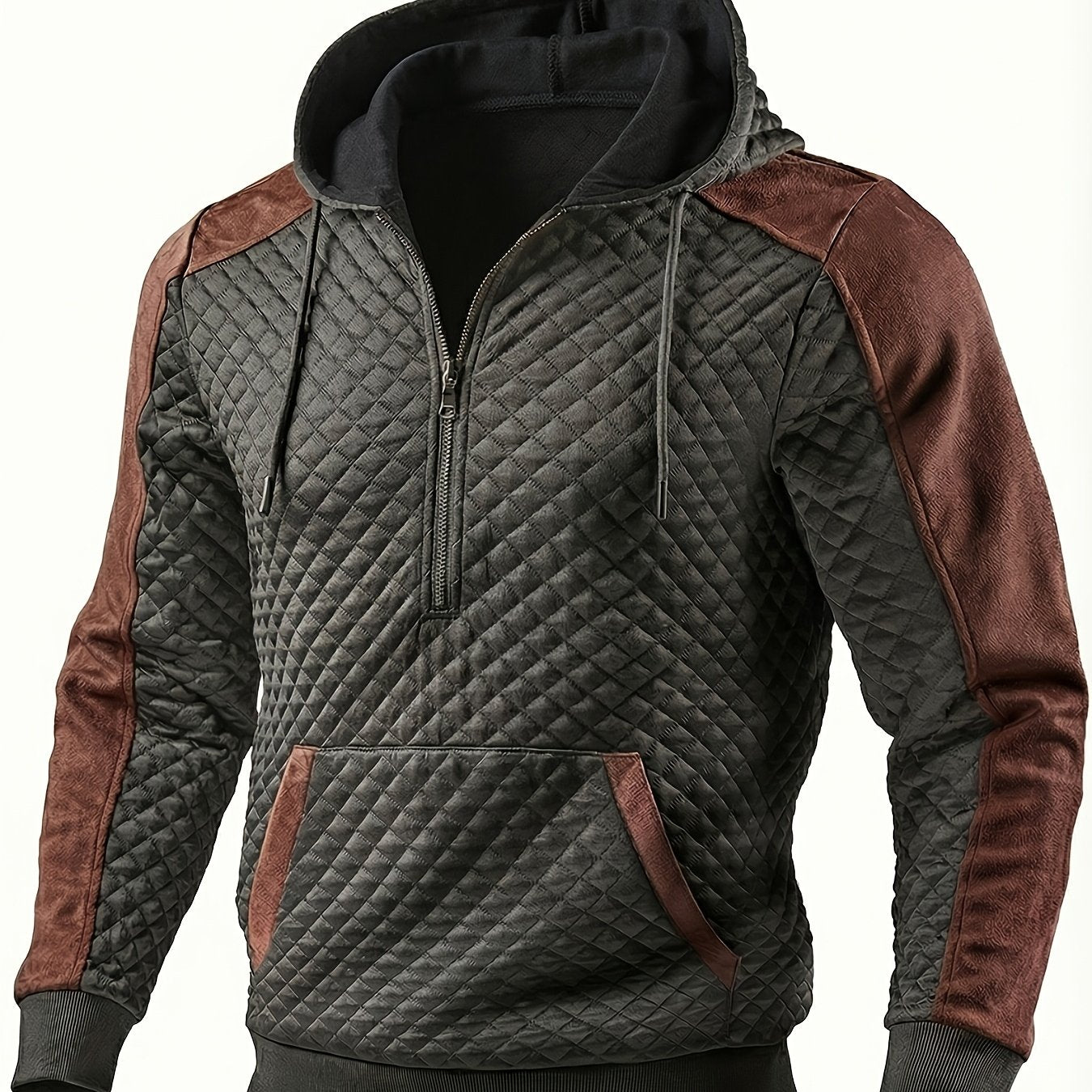 Sweat à Capuche Homme matelassé Noir Marron à Demi-Zip