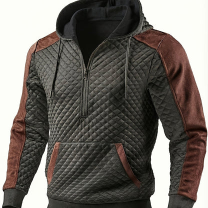 Sweat à Capuche Homme matelassé Noir Marron à Demi-Zip
