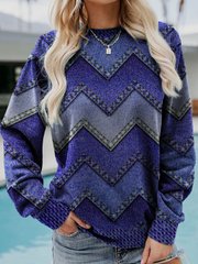 Sweatshirt Femme Imprimé Chevron Effet Denim Coupe Ample Manches Longues Col Rond
