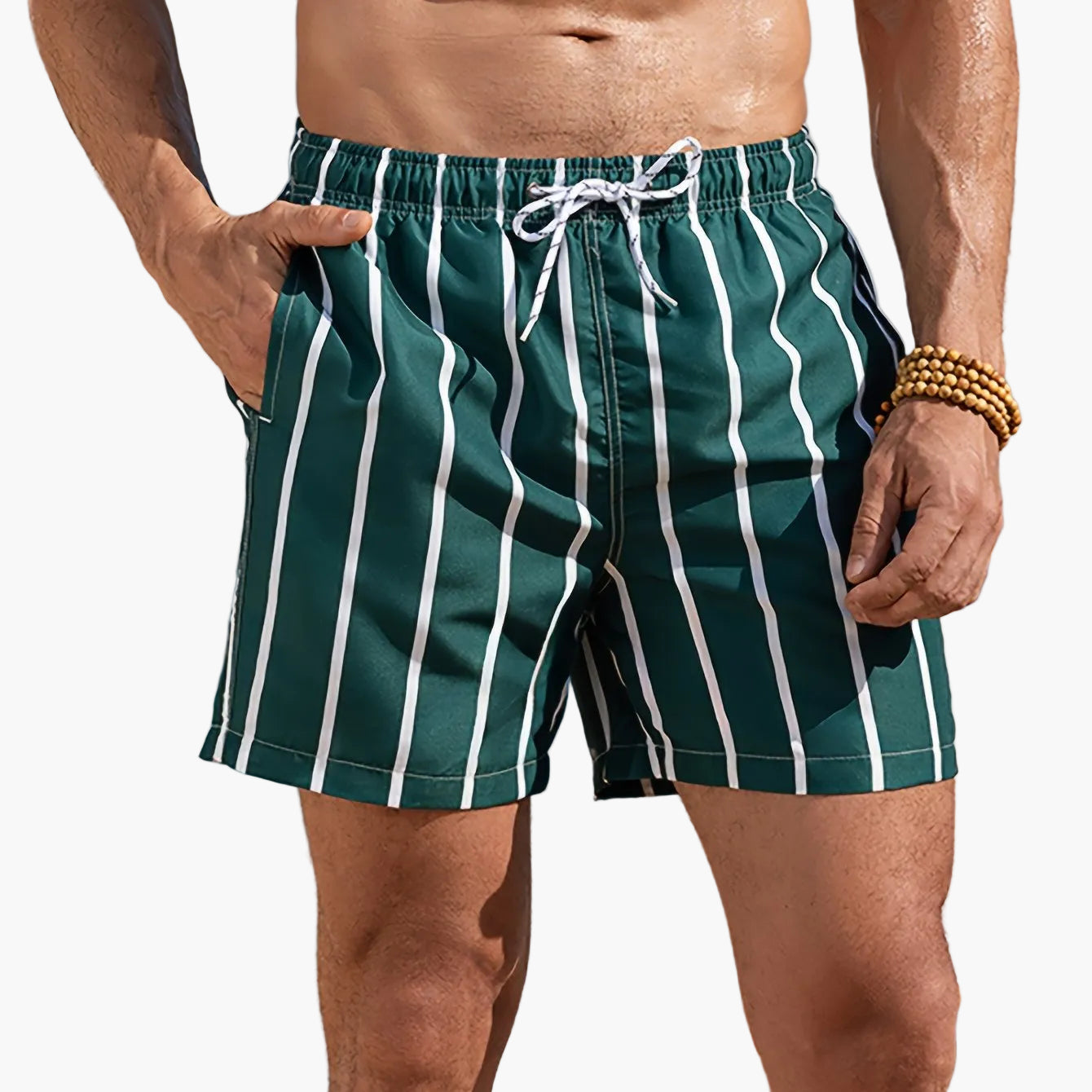 Krótkie spodenki kąpielowe męskie w paski, styl casual, na plażę i basen
