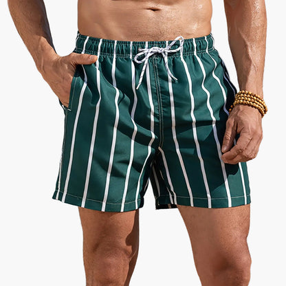 Krótkie spodenki kąpielowe męskie w paski, styl casual, na plażę i basen