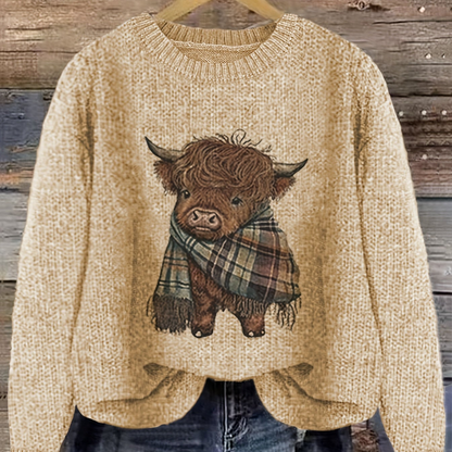 Women's Crew Neck Highland Cow Graphic Pullover Sweater