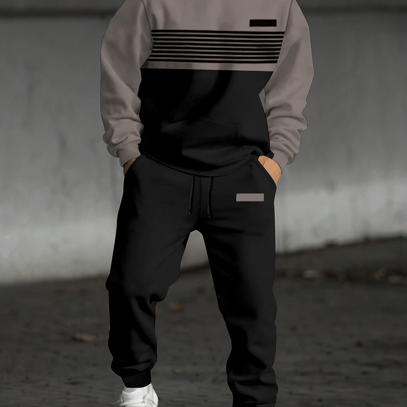 Ensemble Survêtement Homme Bicolore à Capuche et Bandes Horizontales Gris et Noir
